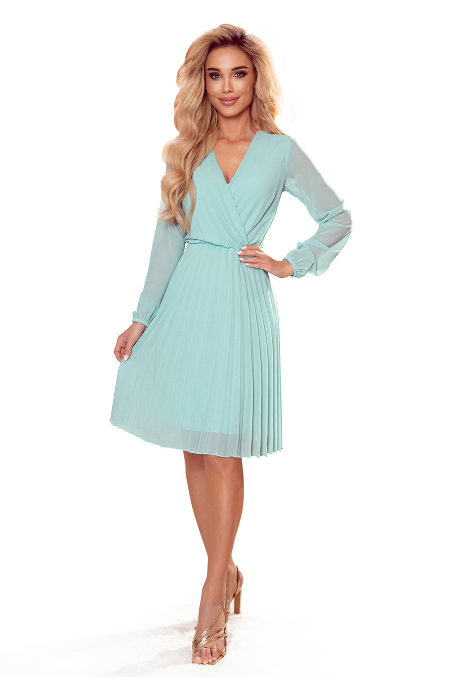 ISABELLE Pleated dress with neckline and long sleeve - mint