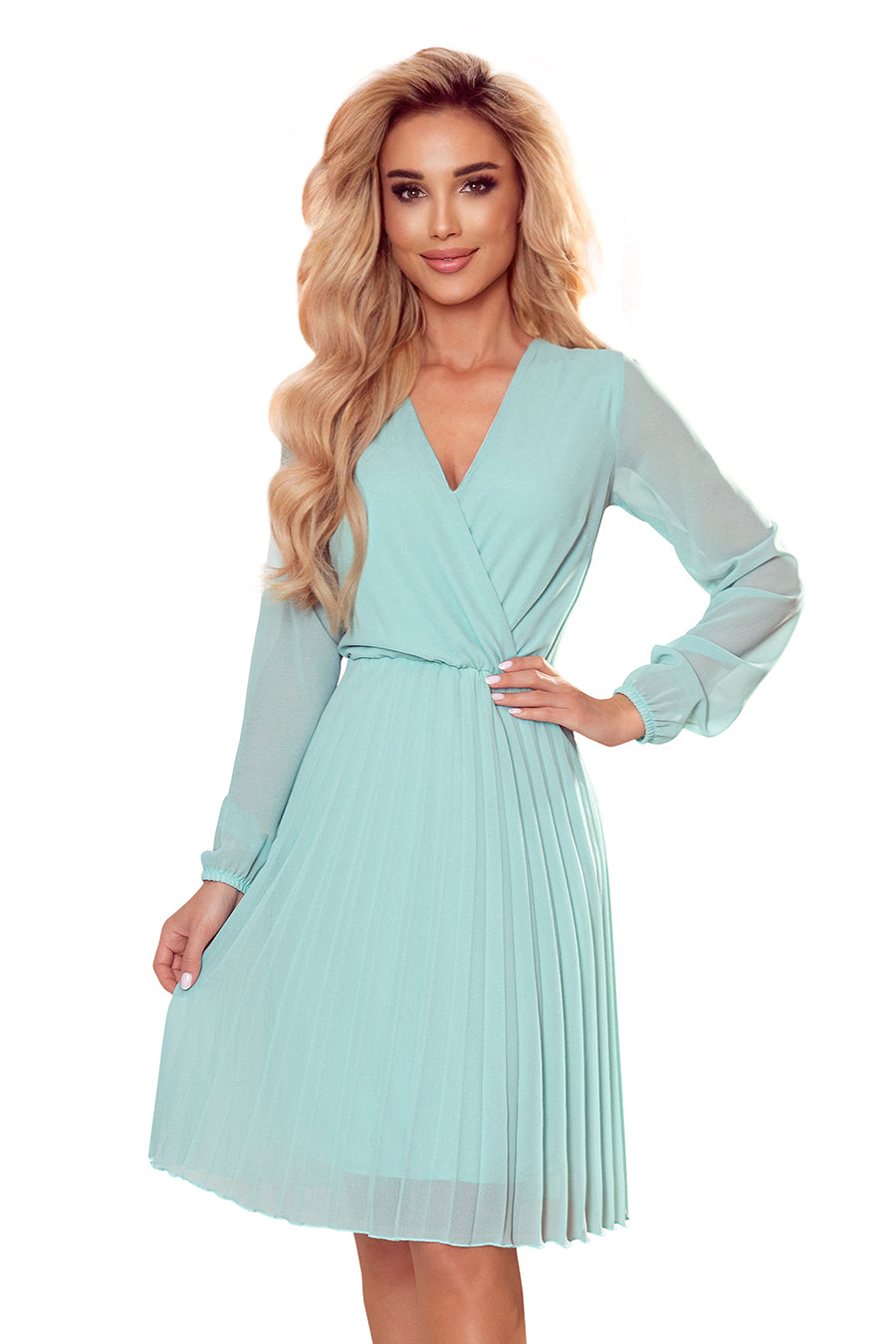 ISABELLE Pleated dress with neckline and long sleeve - mint