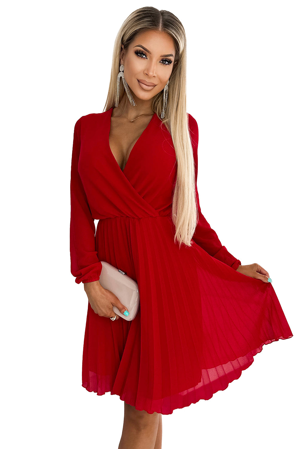 ISABELLE Pleated dress with long sleeves and envelope neckline - red