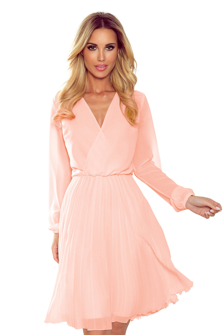 ISABELLE Pleated dress with neckline and long sleeve - peach color