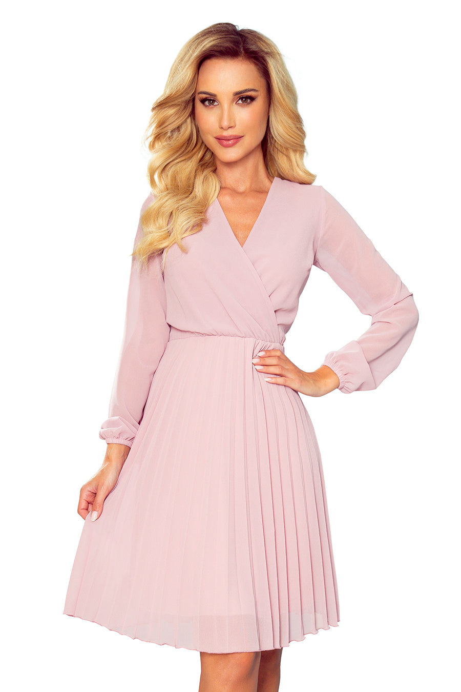 ISABELLE Pleated dress with neckline and long sleeve - powder pink