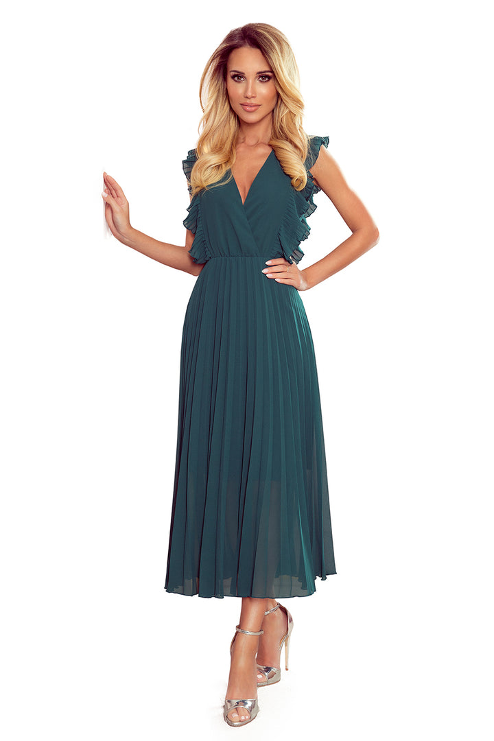 EMILY Pleated dress with frills and neckline - green