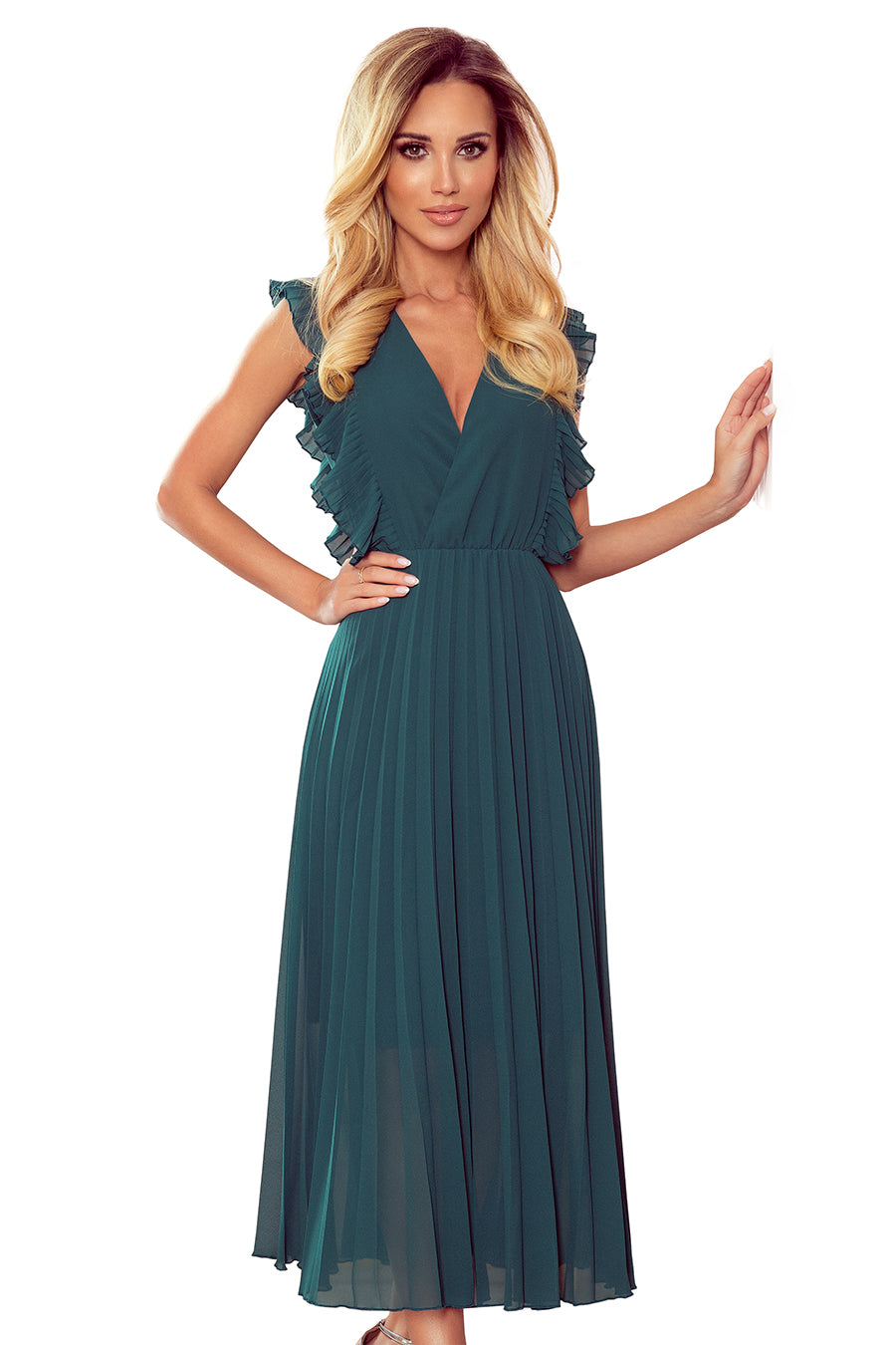 EMILY Pleated dress with frills and neckline - green