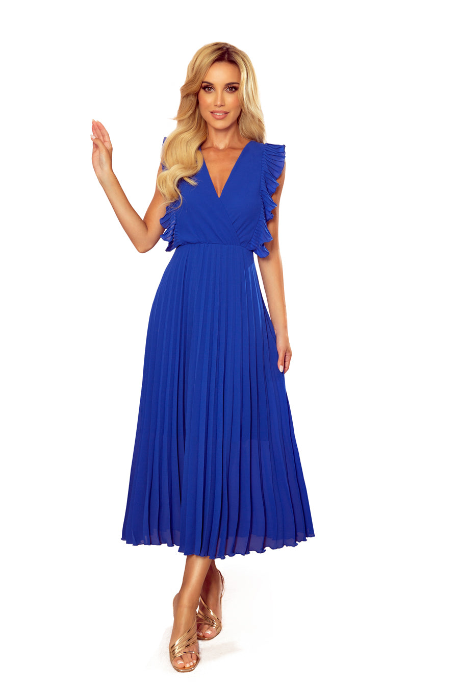 EMILY Pleated dress with frills and neckline - Blue