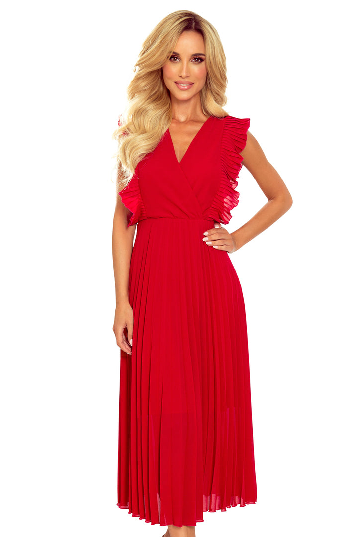 EMILY Pleated dress with frills and neckline - red