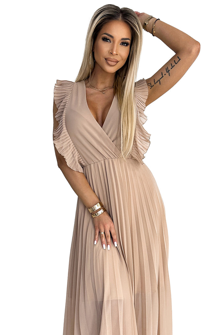 EMILY Pleated dress with ruffles on the shoulders and neckline - beige