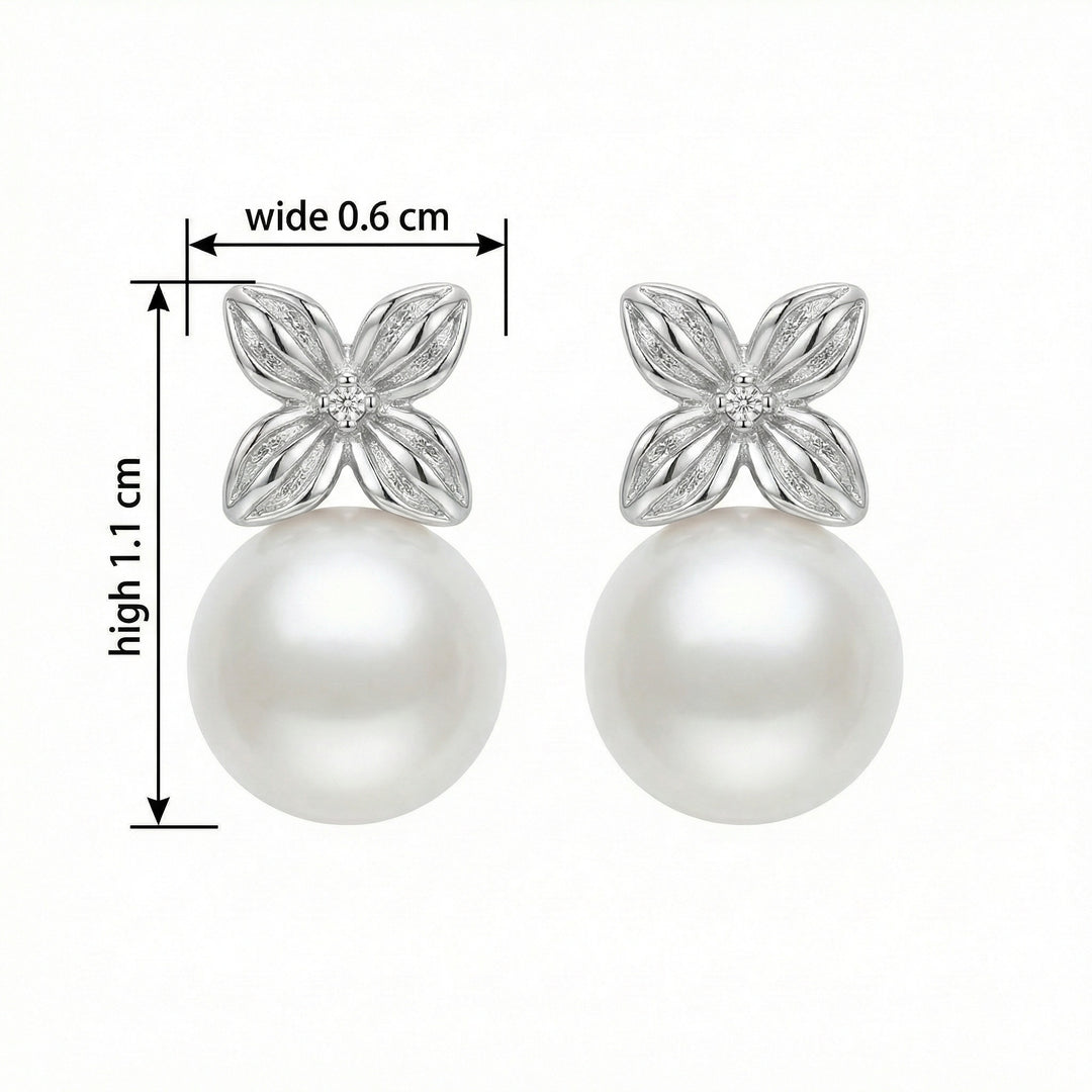 ✨ 925 Sterling Silver Elegant White Pearl & Diamond Floral Stud Drop Earrings ✨