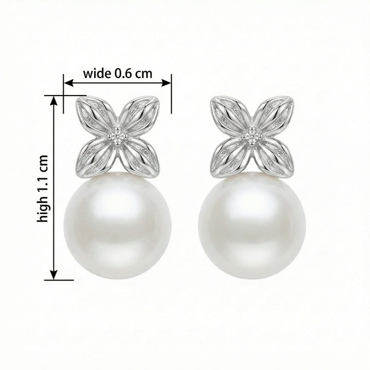 ✨ 925 Sterling Silver Elegant White Pearl & Diamond Floral Stud Drop Earrings ✨