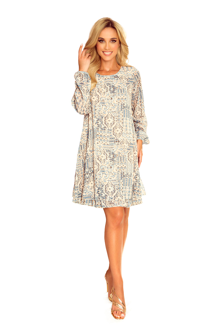 Chiffon dress with a neckline at the back - beige and blue boho pattern