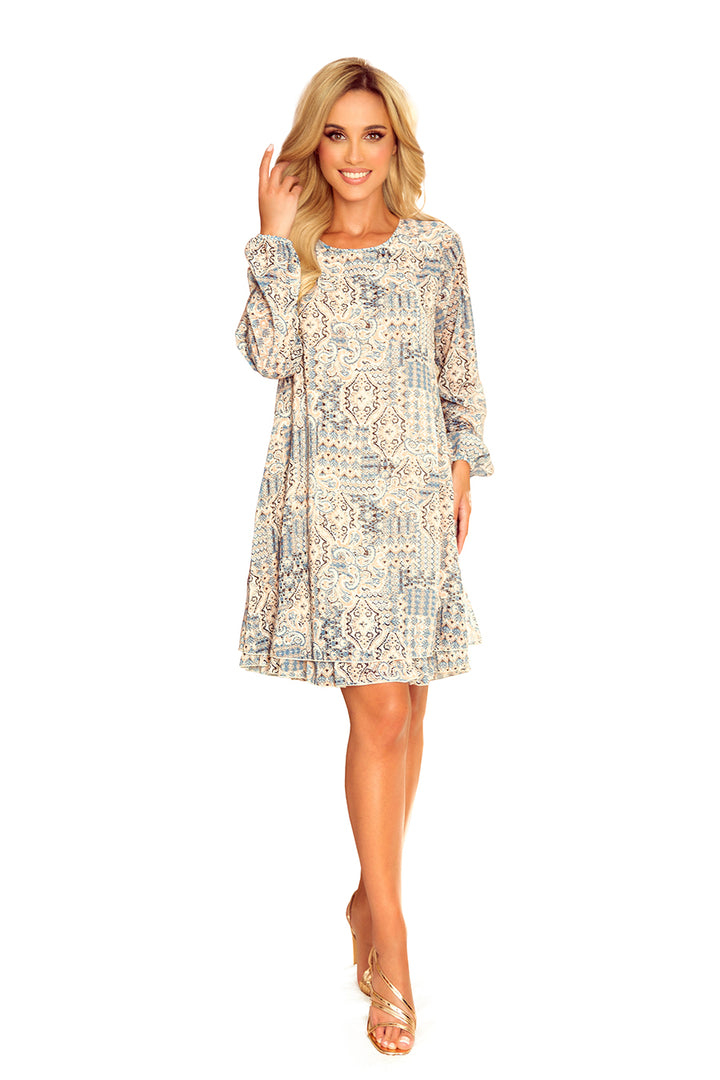 Chiffon dress with a neckline at the back - beige and blue boho pattern
