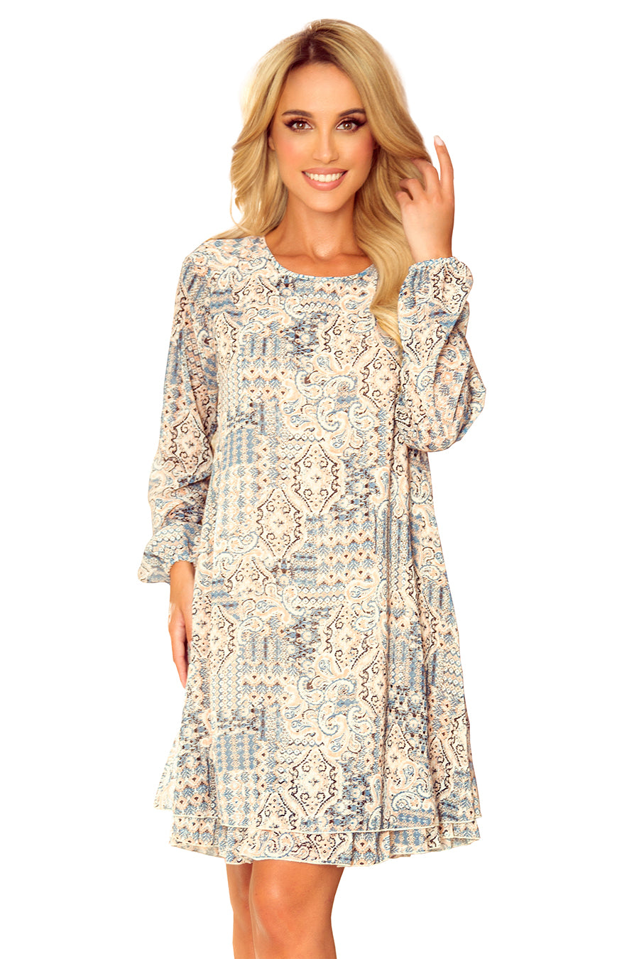 Chiffon dress with a neckline at the back - beige and blue boho pattern