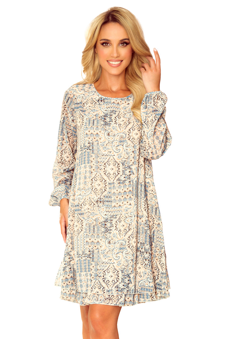Chiffon dress with a neckline at the back - beige and blue boho pattern