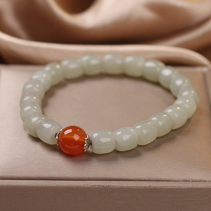 Ethnic Style Lucky Hetian Jade Barrel Bead Bracelet – Women's Green Charm