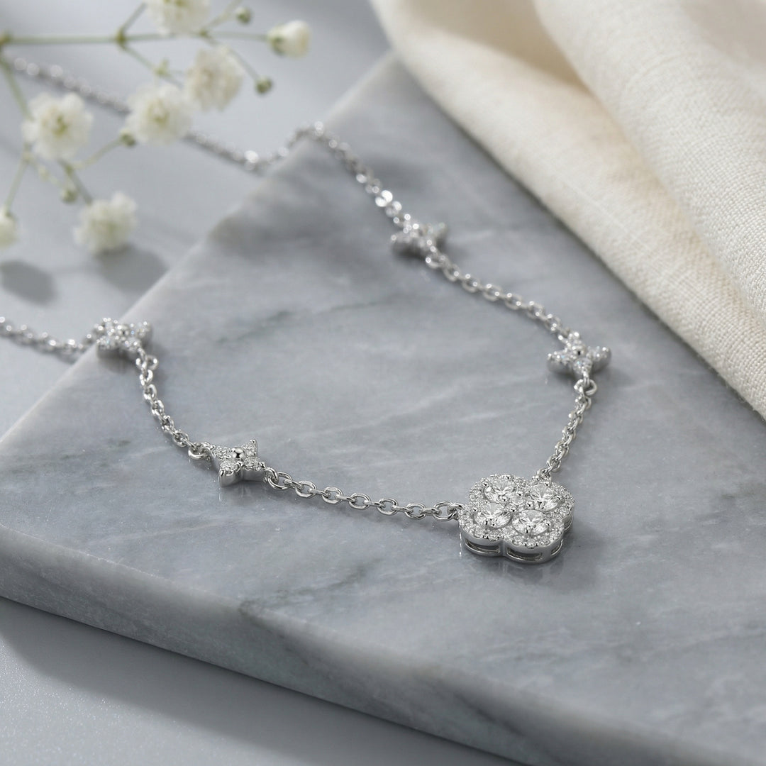 ✨ 925 Sterling Silver Diamond Four-Leaf Clover Station Necklace ✨