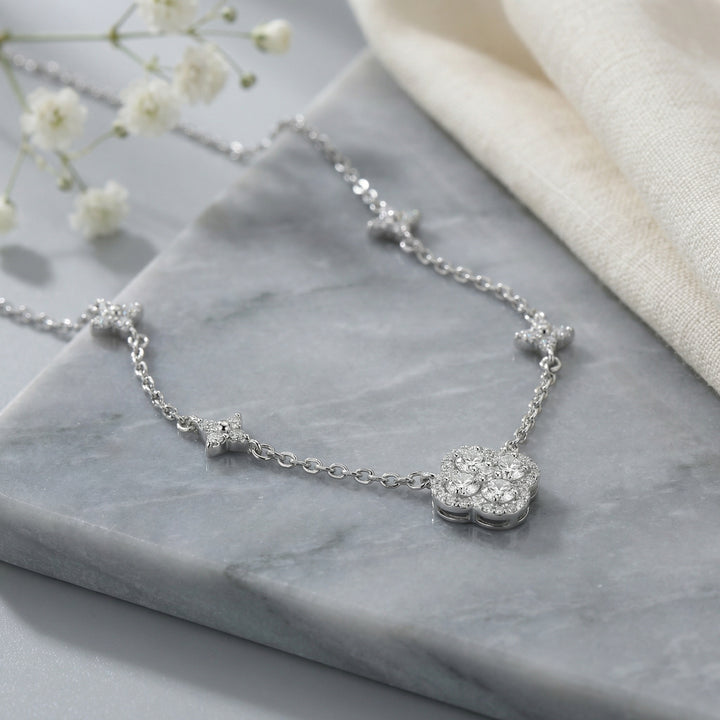 ✨ 925 Sterling Silver Diamond Four-Leaf Clover Station Necklace ✨