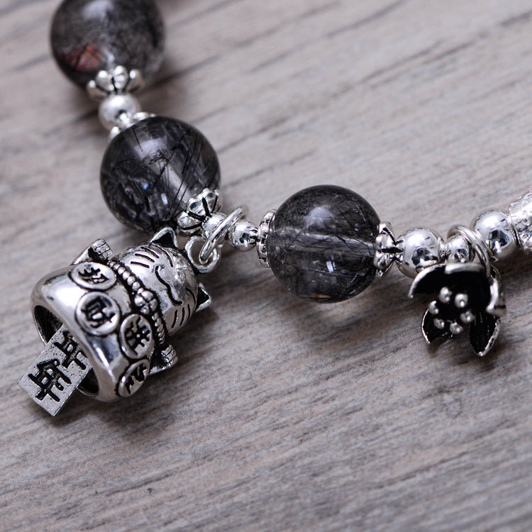 925 Sterling Silver Lucky Cat Bracelet – Vintage Hair Crystal Gem Jewelry