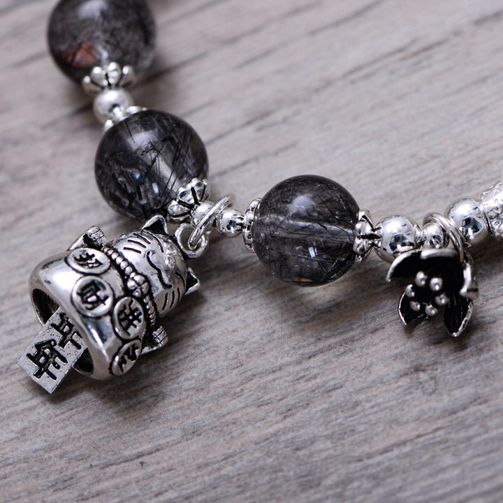 925 Sterling Silver Lucky Cat Bracelet – Vintage Hair Crystal Gem Jewelry
