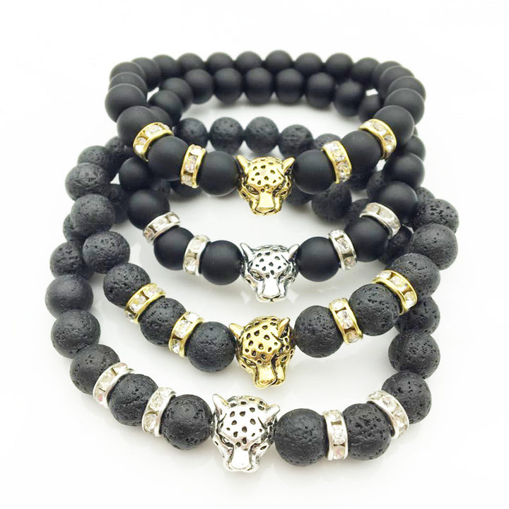 8mm Natural Lava Stone Leopard Head Bracelet for Men