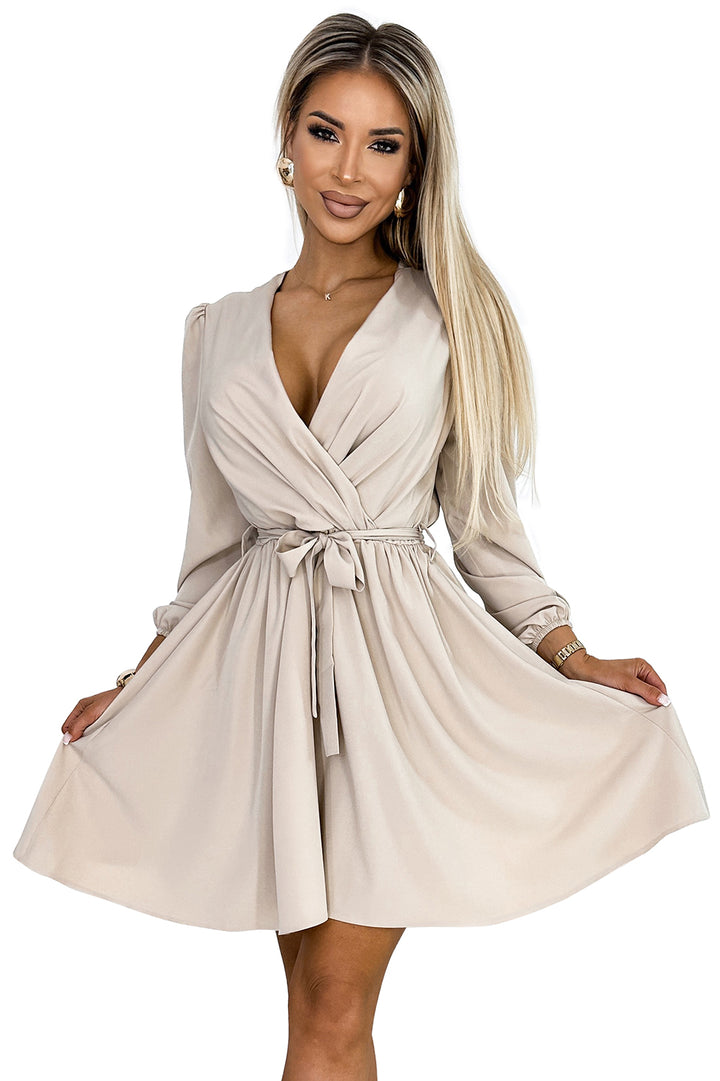 Feminine dress with a neckline and belt - beige