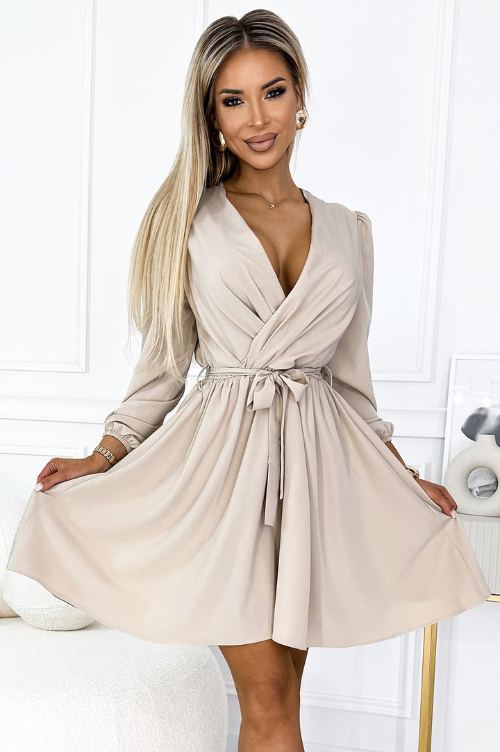 Feminine dress with a neckline and belt - beige