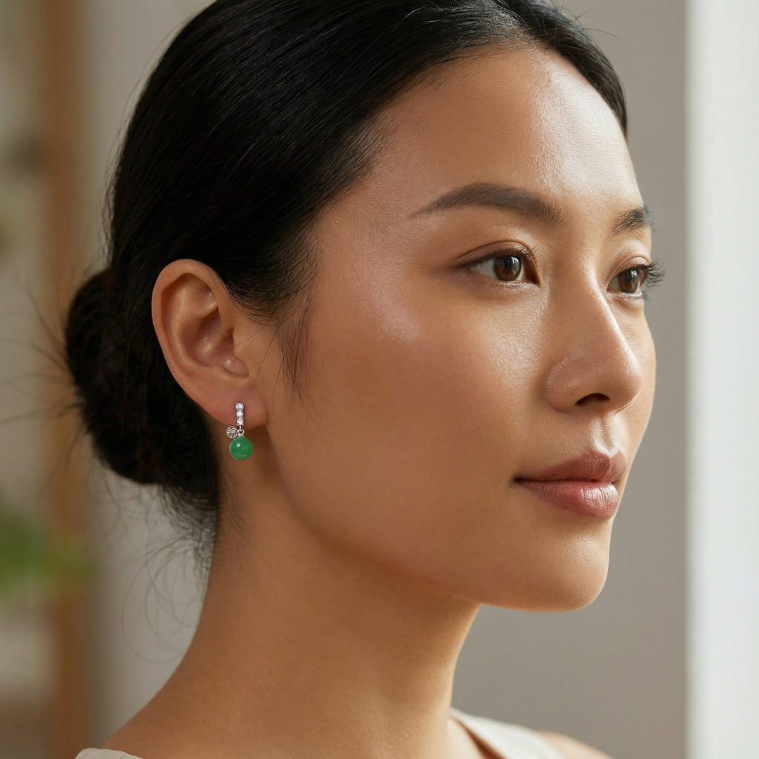 ✨ 925 Sterling Silver Green Jade Sphere Drop Earrings with Fortune Charm Accents ✨