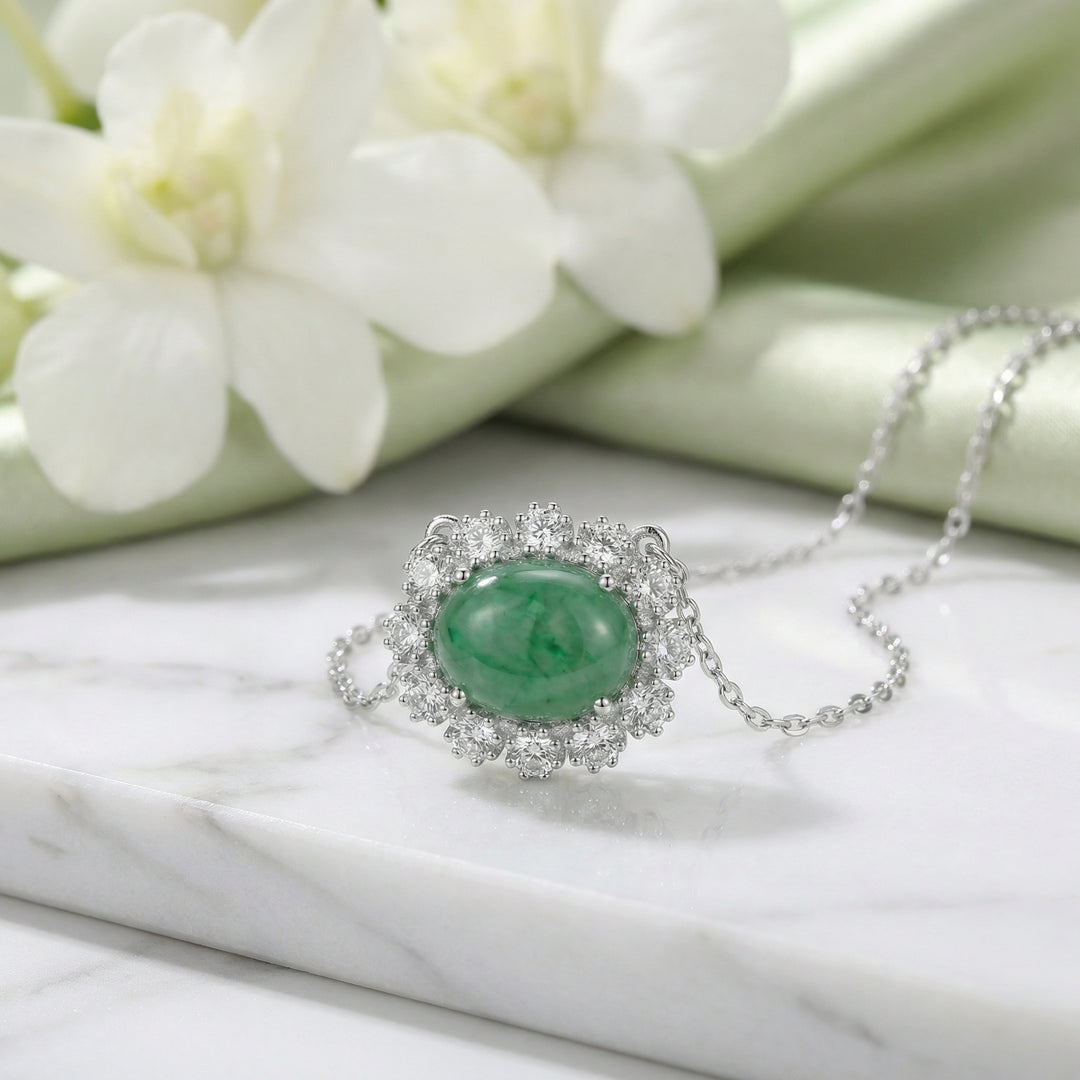 925 Sterling Silver Elegant Necklace with Oval Green Jadeite Cabochon and Sparkling Gemstone Halo