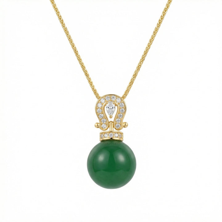 ✨ 925 Sterling Silver Elegant Green Jade Ruyi Pendant Necklace with Diamond Accents and Teardrop Charms ✨