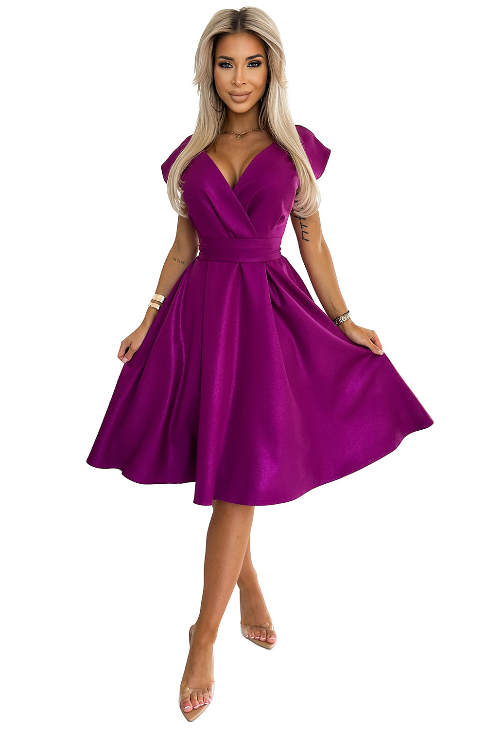 Flared dress with a neckline - fuchsia with glitter