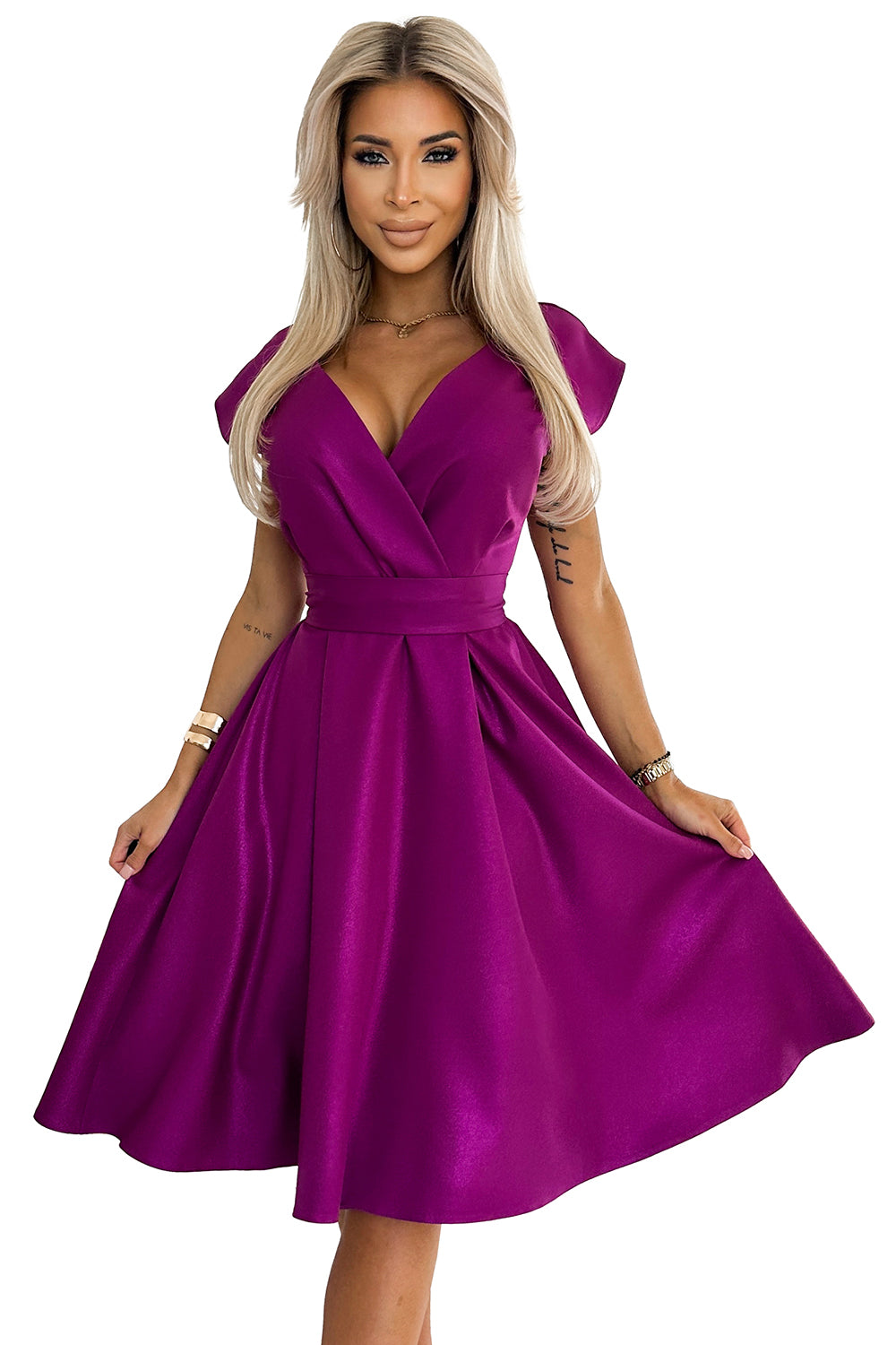 Flared dress with a neckline - fuchsia with glitter