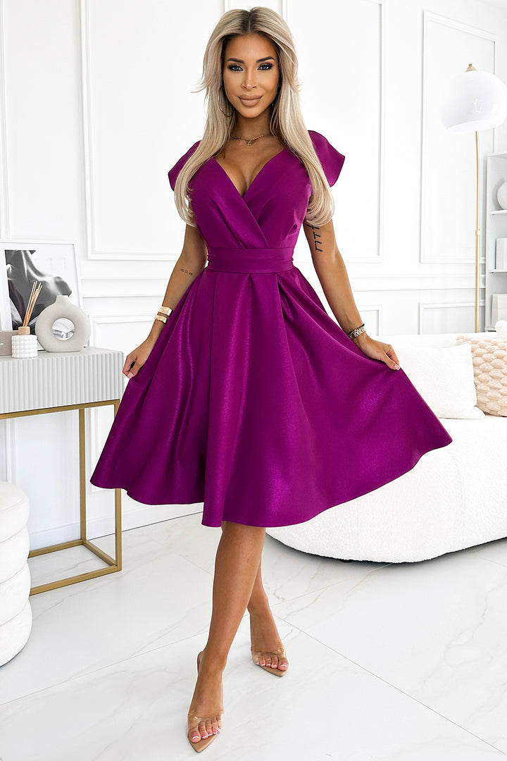 Flared dress with a neckline - fuchsia with glitter