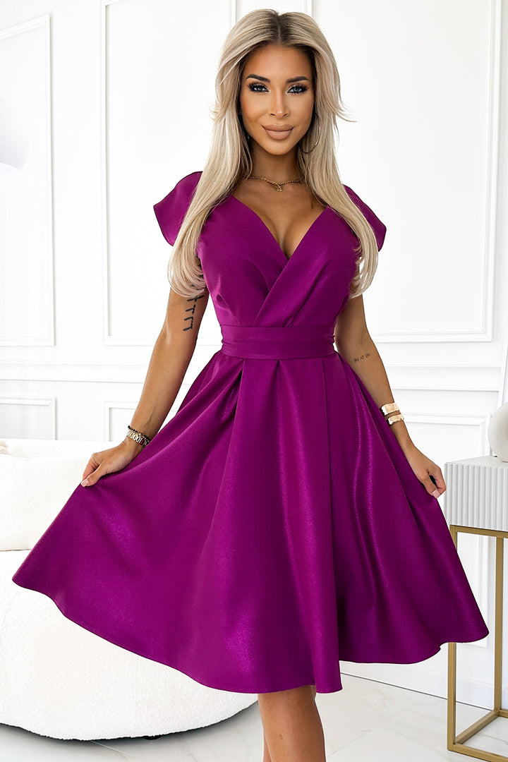 Flared dress with a neckline - fuchsia with glitter