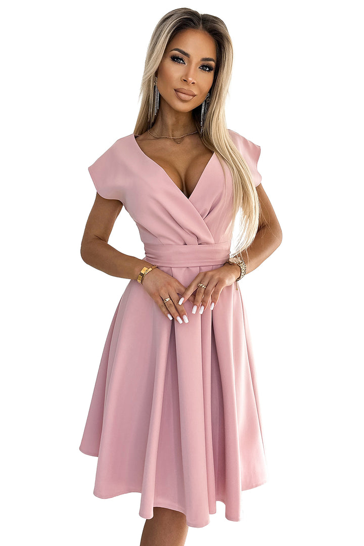 Flared dress with a neckline - powder pink