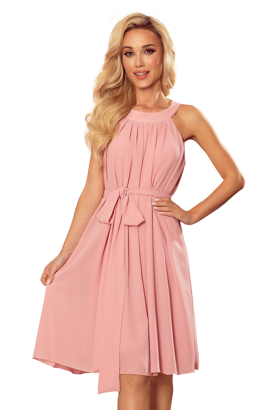 Chiffon dress with a binding - powder pink