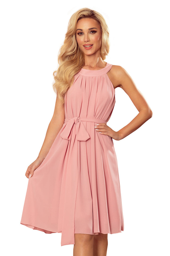 Chiffon dress with a binding - powder pink