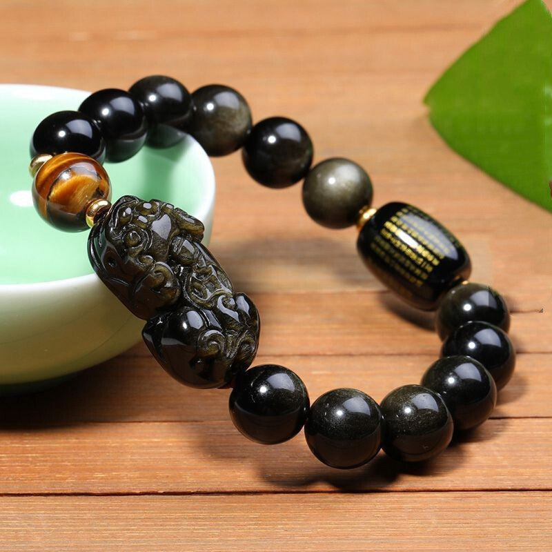Natural Mexican Gold Obsidian Double Pi Xiu Bracelet