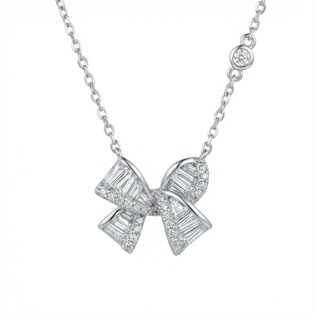 🎀 925 Sterling Silver Elegant Baguette & Round Diamond Ribbon Bow Pendant Necklace 🎀