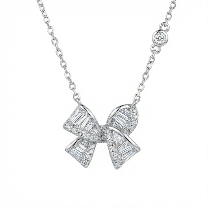 🎀 925 Sterling Silver Elegant Baguette & Round Diamond Ribbon Bow Pendant Necklace 🎀