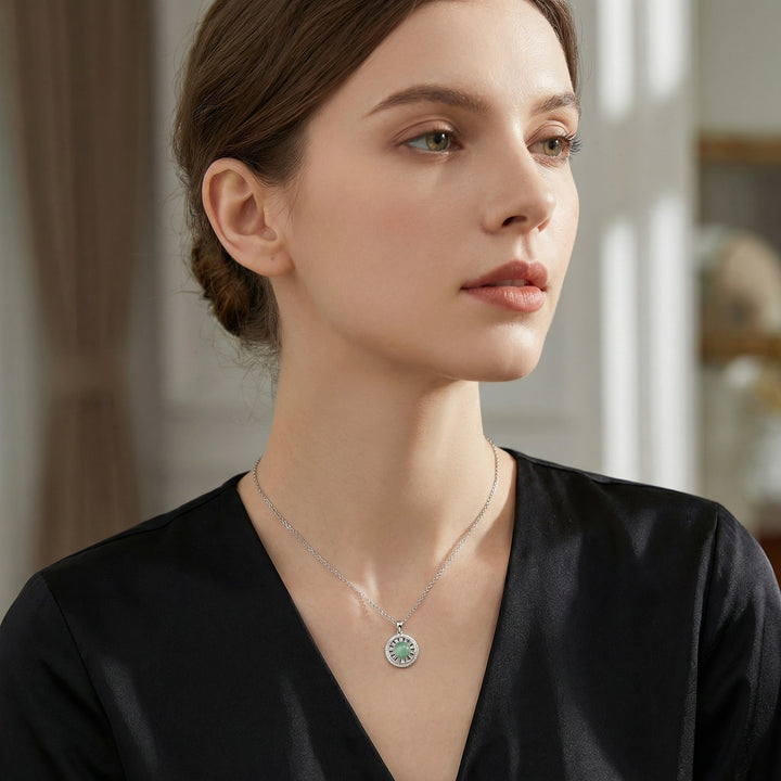 925 Sterling Silver Elegant Round Green Jade Cabochon Pendant Necklace with Sparkling Accents