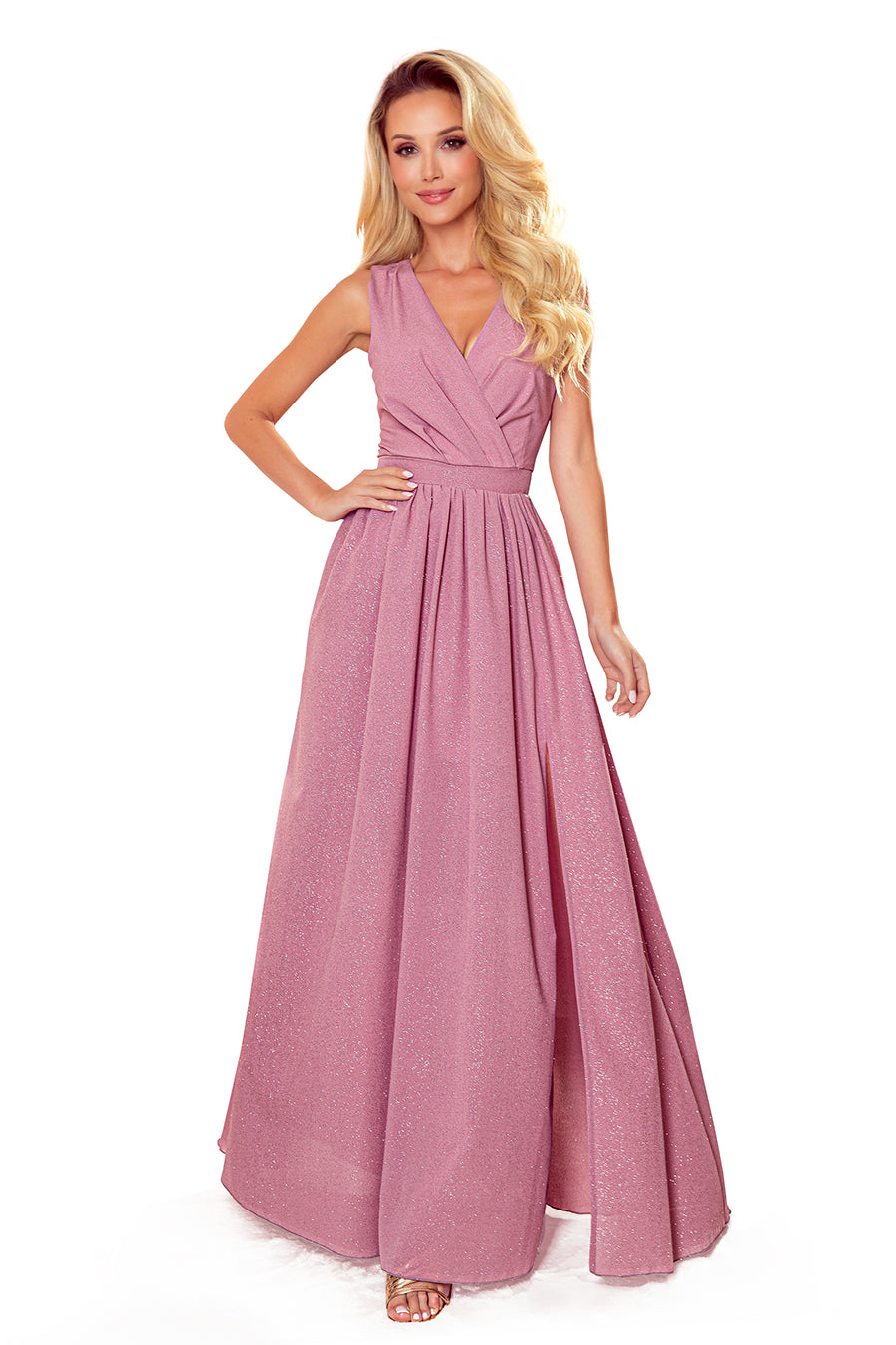 JUSTINE Long dress with a neckline and a tie - powder pink with glitter