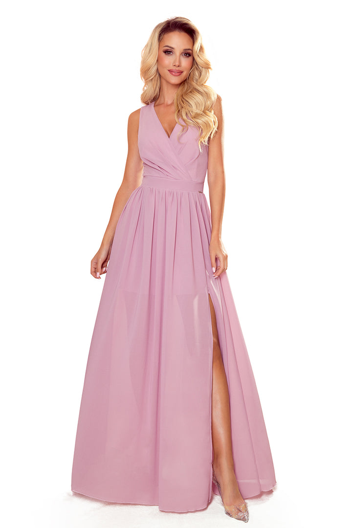 JUSTINE Long dress with a neckline and a tie - dirty pink