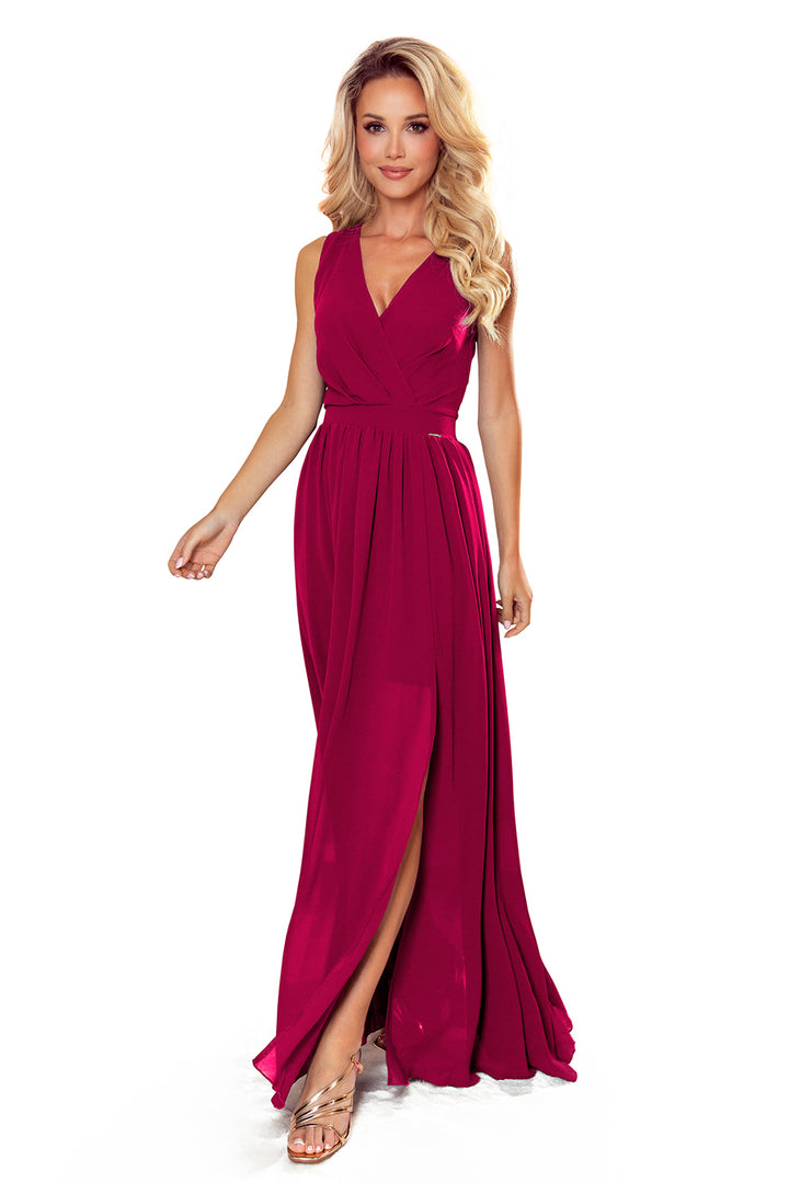 JUSTINE Long dress with a neckline and a tie - Burgundy color