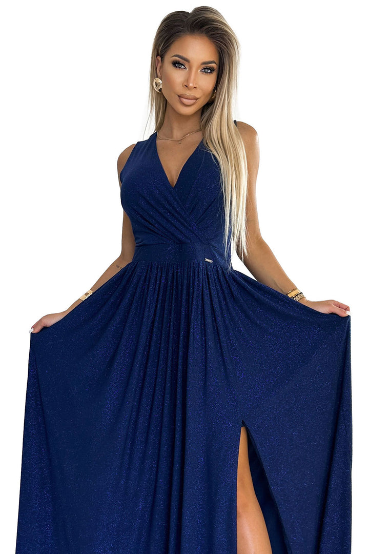 JUSTINE Long dress with a neckline and a tie at the back - navy blue with glitter