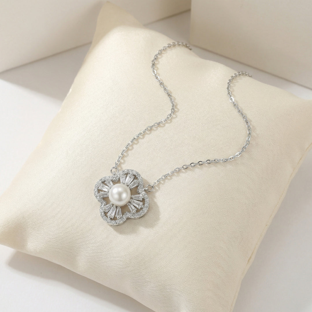 ✨ 925 Sterling Silver Elegant Floral Pearl Pendant Necklace with Sparkling Accents ✨