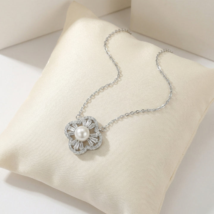 ✨ 925 Sterling Silver Elegant Floral Pearl Pendant Necklace with Sparkling Accents ✨