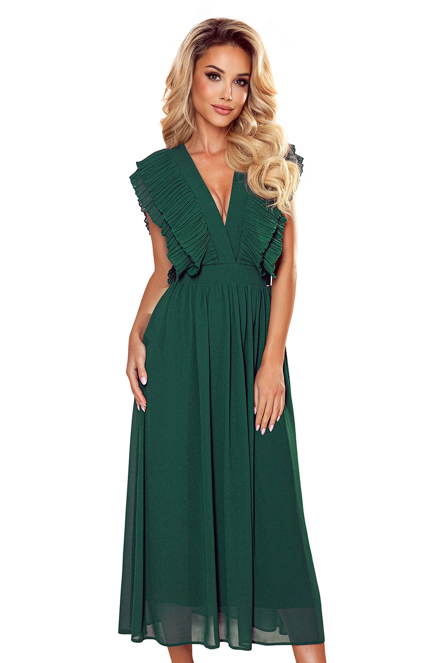 Midi dress with pleated frills and a neckline - green