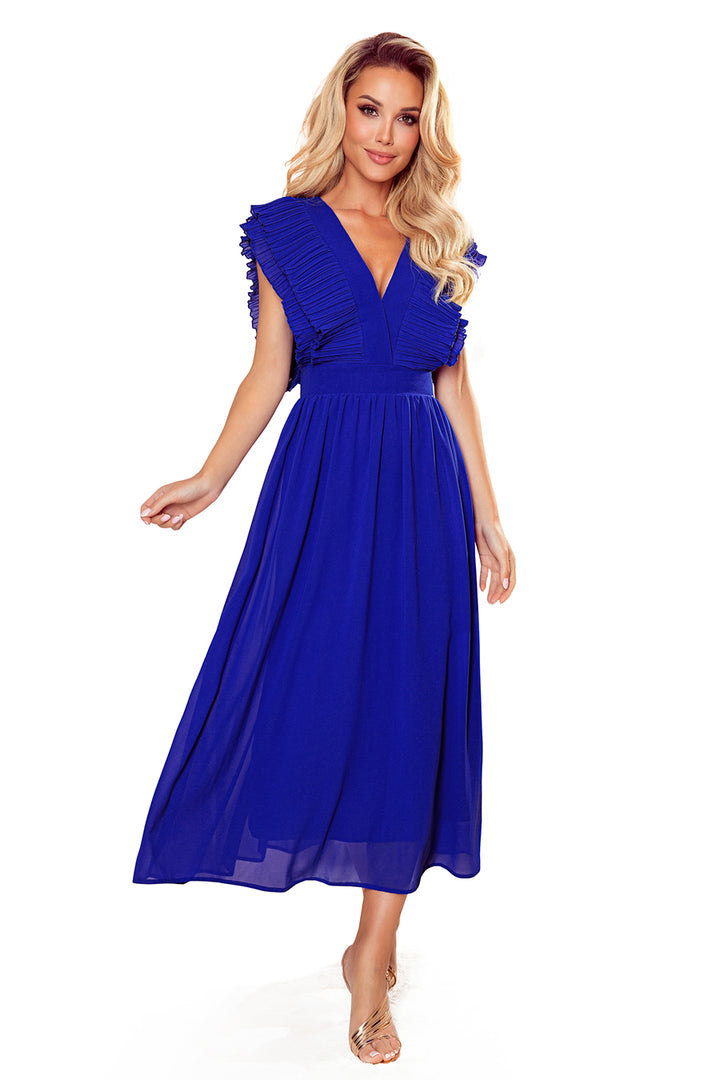 Midi dress with pleated frills and a neckline - royal blue