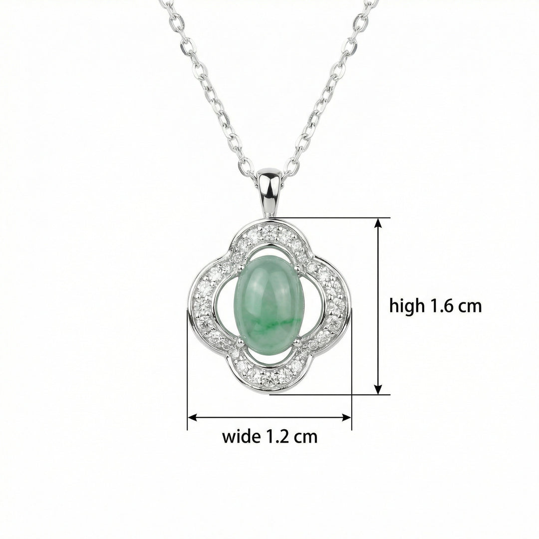 925 Sterling Silver Green Jade Quatrefoil Necklace – Elegant Pendant with Sparkling Gemstone Halo
