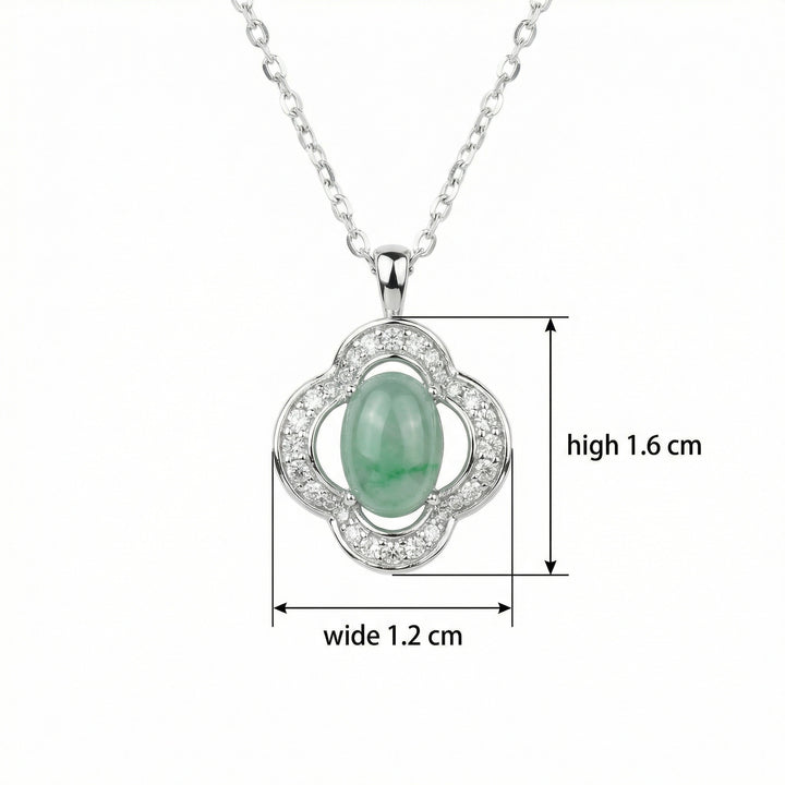 925 Sterling Silver Green Jade Quatrefoil Necklace – Elegant Pendant with Sparkling Gemstone Halo