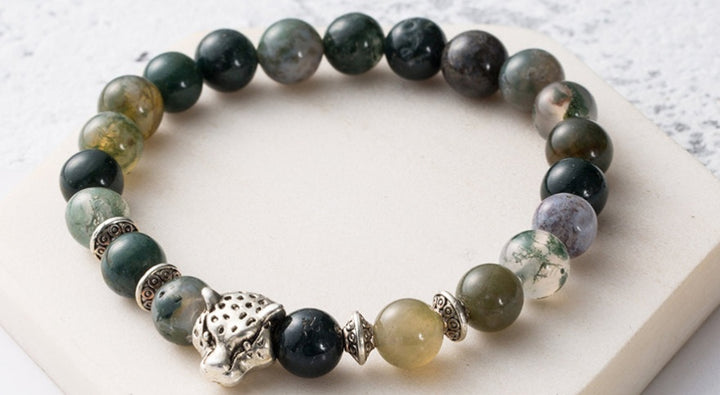 8mm Natural Lava Stone Leopard Head Bracelet for Men