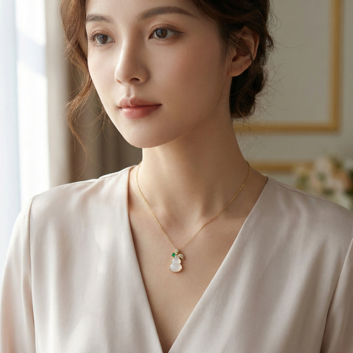 ✨ 925 Sterling Silver Elegant White Jade Gourd Pendant Necklace with Emerald & Diamond Leaf Accents ✨